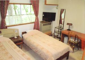 una camera d'albergo con due letti e una televisione di Pension Hakuba 70 a Hakuba