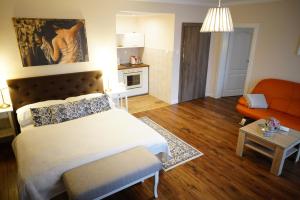 a bedroom with a bed and a living room at Apartments Casablanca in Poprad