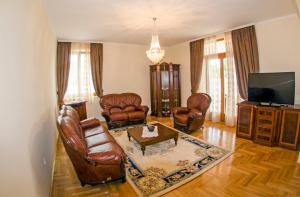 sala de estar con muebles de cuero y TV en Villa Ramonte en Cetinje