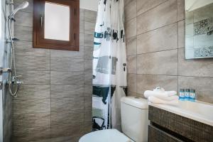 a bathroom with a toilet and a shower at Cephalonian Countryside Villa in Divarata +32 photos