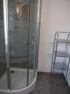 a shower with a glass door next to a shelf at Haus Berta in Braunau am Inn