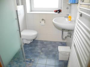 a small bathroom with a toilet and a sink at Ferienhaus Krabbe in Friedrichskoog-Spitze/ Nordsee in Friedrichskoog