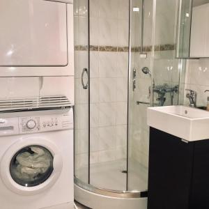 ein Badezimmer mit einer Waschmaschine und einem Waschbecken in der Unterkunft Kemi CITY l near snowcastle, 2 rooms, kitchen, glazed balcony, free parking on street in Kemi