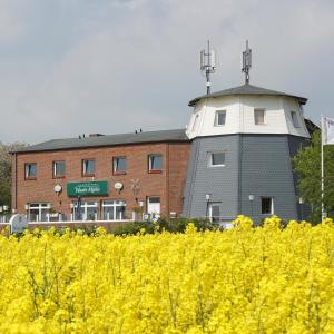 a building with a clock tower behind a field of yellow flowers at Landgasthof Waabs Mühle in Waabs