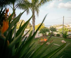 a yard with a table and chairs and palm trees at Villalba in Balestrate