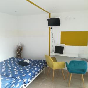 ein Schlafzimmer mit einem Bett, einem Stuhl und einem Schreibtisch in der Unterkunft Studio Dépendance Maison, 5 MNT GARE & TRAM in Vénissieux