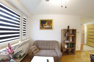 sala de estar con silla y ventana en Apatramenty Promienista, en Poznan