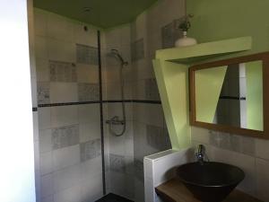 a bathroom with a sink and a shower with a mirror at Appartement Petite Vallée in Berling