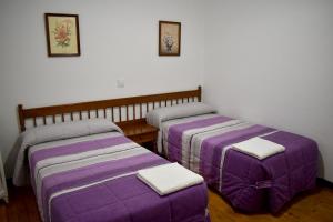 two beds in a room with a blue wall at HOSTAL OVIEDO in León