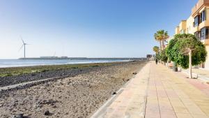 a sandy beach with palm trees and a windmill at Armonía Beach 17 in Arinaga