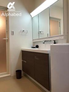 ein Bad mit einem Waschbecken und einem Spiegel in der Unterkunft Alphabed TakamatsuFurujinmachi 903 / Vacation STAY 21923 in Takamatsu