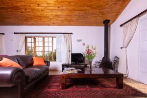 a living room with a leather couch and a wooden ceiling at Olive Tree Farm in Magaliesburg