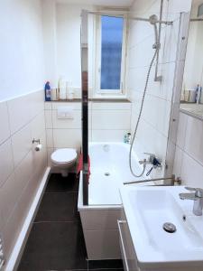a bathroom with a shower and a sink and a toilet at Ferienwohnungen Calwer Höfle Marktplatz in Calw