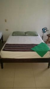 Una cama en una habitación con una manta verde. en Hotel & Hostal Yaxkin Copan, en Copan Ruinas