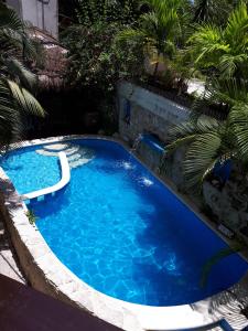 une grande piscine avec de l'eau bleue et des palmiers dans l'établissement Hotel El Moro, à Puerto Morelos