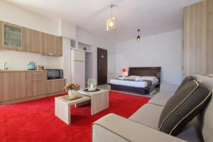 カラマタにあるAlmyros Aktis private garden apartmentのリビングルーム(ベッド1台、赤い敷物付)