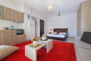カラマタにあるAlmyros Aktis private garden apartmentのリビングルーム(ベッド1台、赤い敷物付)