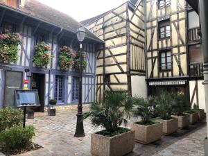 an old building with potted plants and a street light at Le Paillot de Montabert in Troyes