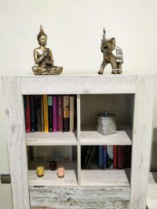 a book shelf with books and figurines on it at La Casa del Arte in Cádiz