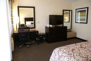 Habitación de hotel con cama, escritorio y TV. en Royal Palace Westwood Hotel en Los Ángeles