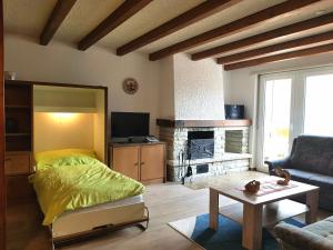 a living room with a bed and a fireplace at Clabina 31 in Leukerbad