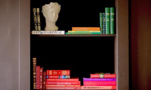 a book shelf filled with books and a bust at Lotus Gogh Apartment in Hobart