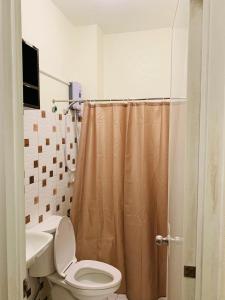 a bathroom with a toilet and a shower curtain at Z Pension in Dumaguete