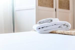 una pila de toallas sentadas en una encimera en una cocina en Apartamentos Turísticos Architettura Úbeda, en Úbeda