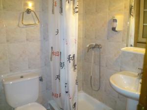 a bathroom with a shower and a toilet and a sink at Hostal Fisterra in Lugo