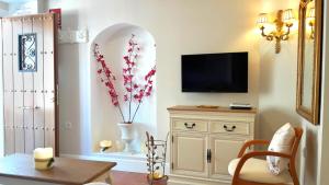a living room with a television and a vase with flowers at CACERES SOL in Cáceres
