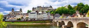 a city with a bridge over a river and a castle at Terre d'espérance in Saint-Aignan