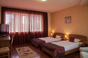 Una habitación de hotel con dos camas y un televisor. en Family Hotel Gerdjika, en Plovdiv 30 fotos más