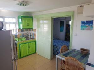 a kitchen with green cabinets and a table in it at Lapiroguevilla[Tourist resident] in Pereybere
