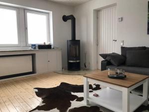 a living room with a couch and a fireplace at Ferienhaus Höhenblick in Winterberg-Langewiese in Winterberg