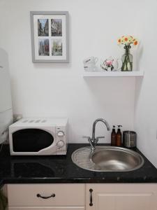 a kitchen counter with a microwave and a sink at Rosehips at Kerensa, Naburn in York