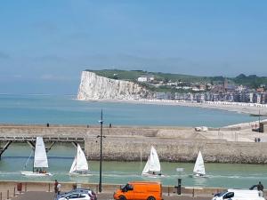 un gruppo di barche a vela in acqua vicino a una spiaggia di Idéal Panorama du Tréport a Le Tréport