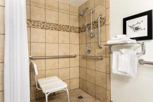 a bathroom with a shower with a stool in it at Country Inn & Suites by Radisson, Fergus Falls, MN in Fergus Falls
