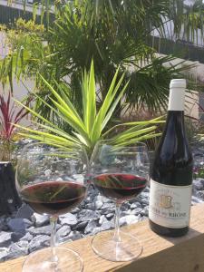 two glasses of red wine next to a bottle of wine at The Riviera Hotel & Apartments - Alum Chine in Bournemouth