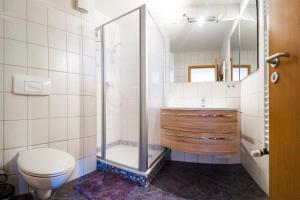 ein Bad mit einer Dusche, einem WC und einem Waschbecken in der Unterkunft Appartementanlage Yachthafenresidenz in Kühlungsborn