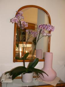a pink vase and a plant on a table in front of a mirror at Hotel Il Piccolo Golf in Porto Cervo