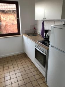 eine Küche mit einer Spüle und einem Herd Top-Backofen in der Unterkunft OG Mitte 108A 2 Zimmer Apartment in Holzminden