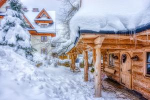 una cabaña de madera en la nieve en Domek Góralski W Ogrodzie, en Małe Ciche