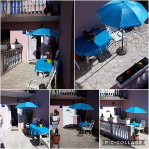 four pictures of a table with a blue umbrella at Studio apartman"Mirjana", Podhum 368 in Podhum