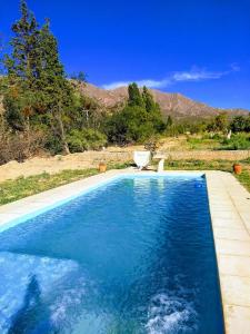 una piscina azul con silla y montañas de fondo en Finca Las Pircas Casa de Adobe, en Famatina