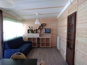 a living room with a blue couch and a kitchen at Camping Pineta in Calambrone