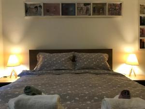 a bedroom with a large bed with two lamps at Two Houses Petralona in Athens