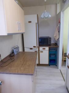 a small kitchen with a counter and a refrigerator at Ferienwohnung Janne in Fürstenberg