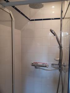 a shower in a bathroom with a glass door at Appartement Rose in Hechthausen