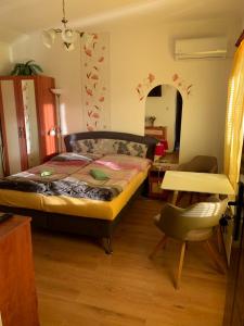 1 dormitorio con cama, escritorio y silla en Adria penzión, en Štúrovo