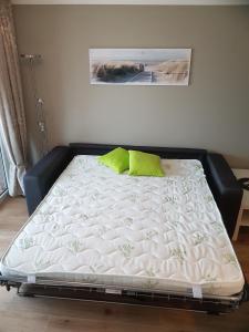 クックスハーフェンにあるHaus Horizontのベッド(白いシーツ、緑の枕付)
